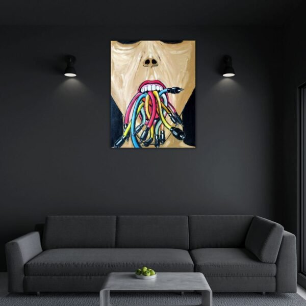 Abstract painting titled 'Cable Zombie,' showing a face with a mouth full of colorful audio cables, representing the overwhelming influx of technology in our lives.