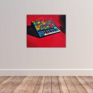 Abstract painting titled 'Colours of Oberheim' featuring a colorfully detailed Oberheim synthesizer set against a vivid red background, with bright, intertwining cables.