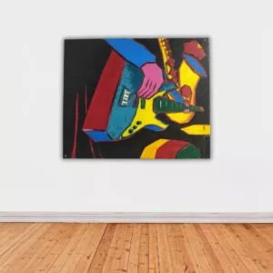 A 15x18 inch cubist painting titled 'Guitar Cubism,' depicting an abstract, multi-colored electric guitar in bold geometric shapes against a dark background, representing the fusion of art and music.