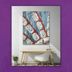 Abstract painting titled 'Hand Of God' featuring textured white vertical shapes resembling fingers interlaced with red diagonal lines on a blue background, suggesting a divine presence amidst chaos.