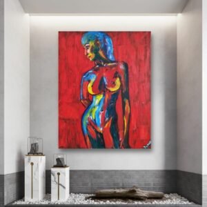 xpressionist painting titled 'In Red,' featuring a figure with blue and yellow highlights over red-toned skin, set against a textured red background, invoking deep emotion.