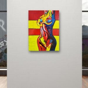 Abstract figurative painting titled 'Locker Room,' depicting an athletic female form with exaggerated colors against a bright, red and yellow, striped background.