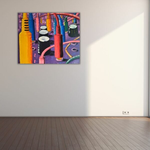 Abstract painting titled 'Modular Street' with a stylized depiction of modular synthesizer components and interconnecting cables in a vibrant array of colors.