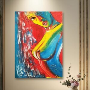 A bold, abstract painting titled 'Nude Girl,' featuring a figure in primary colors with a contemplative expression, set against a striking red and blue background.