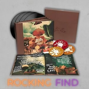 Promotional image for the Oasis 'Dig Out Your Soul' Collector's Edition Box Set. Visible are multiple components of the set arranged for display: four heavyweight vinyl LP records, a deluxe hardcover booklet open to a page with handwritten lyrics, and three CDs in red, white, and orange with floral designs. The items are set against a backdrop featuring the box set's cover with abstract artwork, all on a neutral surface with a caption 'ROCKING FIND' in bold, stylized purple text at the bottom.