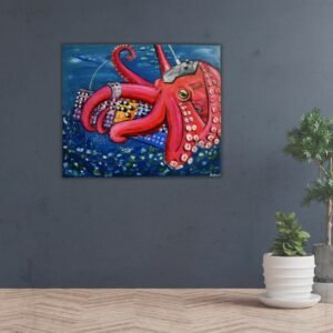 Vibrant painting titled 'Under The Water,' depicting a red octopus with a detailed eye and textured tentacles, operating a music mixing console underwater, surrounded by fish and sea life.