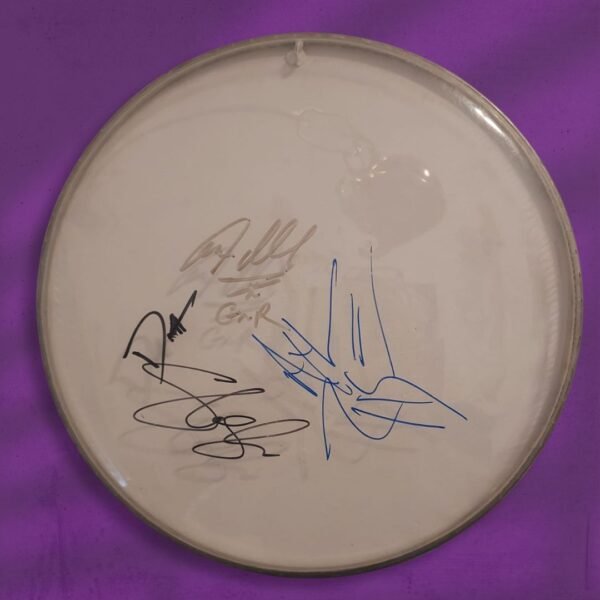 Guns n Roses used drumskin hand signed by the band, Axl Rose, Slash, Duff McKagen and Steven Adler