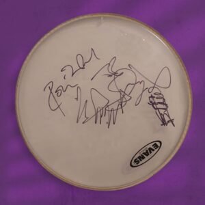 The Rolling Stones Evans Drum skin hand signed by Ronnie Wood, Keith Richards, Mick Jagger and Charlie Watts