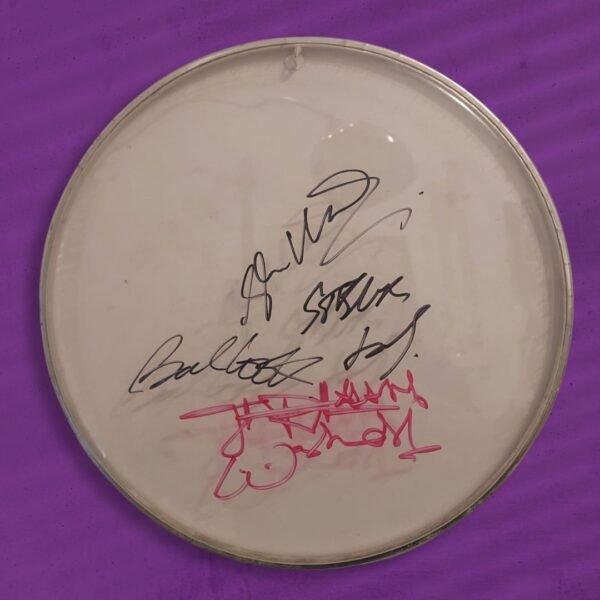 Sex Pistols used drumskin hand signed by the band, Steve Jones, Glen Matlock, Jonny Rotten and Paul Cook